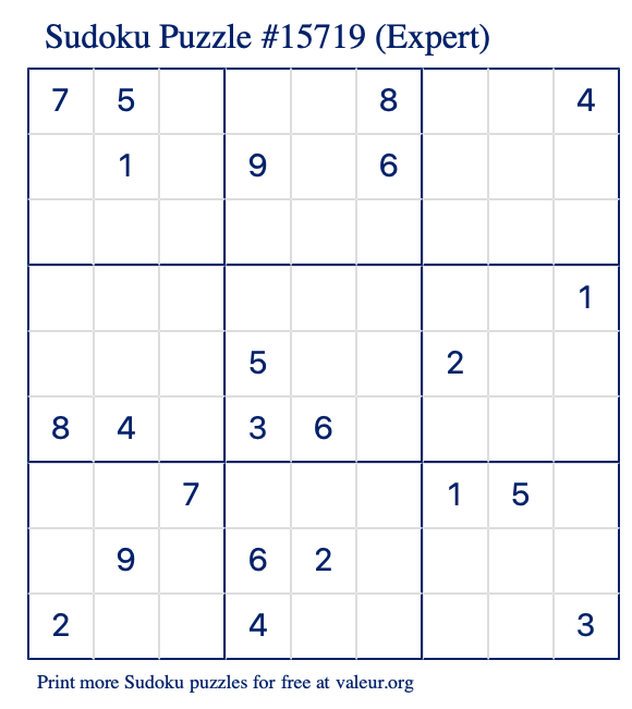 Free Printable Expert Sudoku Puzzle number 15719