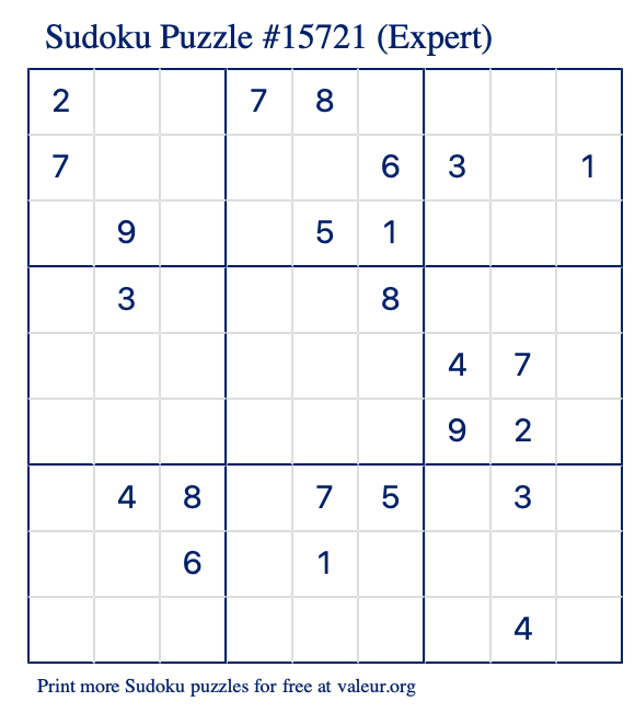 Free Printable Expert Sudoku Puzzle number 15721