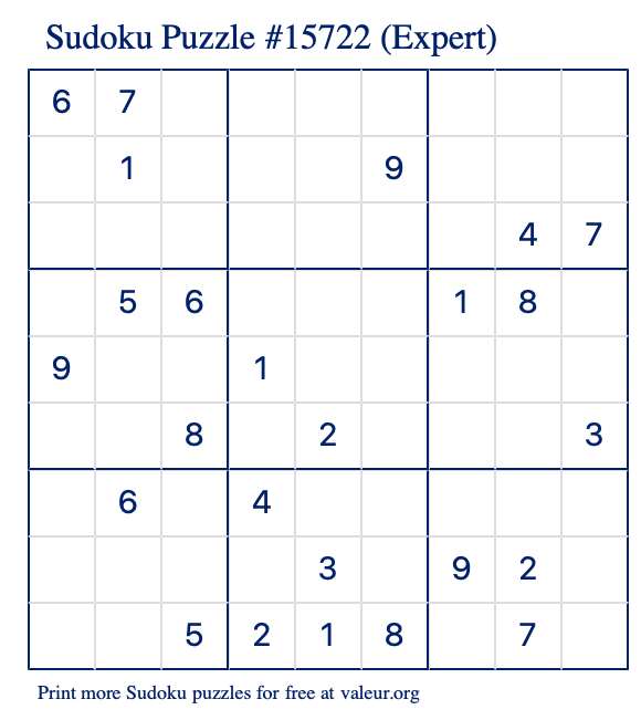 Free Printable Expert Sudoku Puzzle number 15722