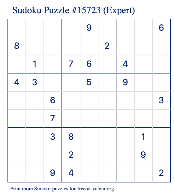 Free Printable Expert Sudoku Puzzle number 15723