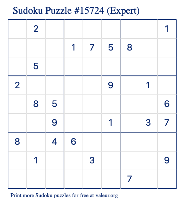 Free Printable Expert Sudoku Puzzle number 15724