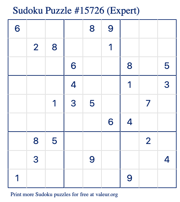 Free Printable Expert Sudoku Puzzle number 15726