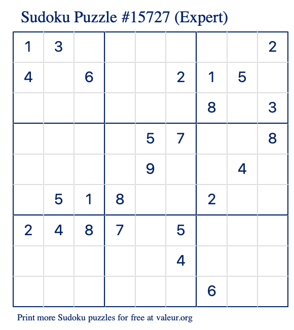 Free Printable Expert Sudoku Puzzle number 15727