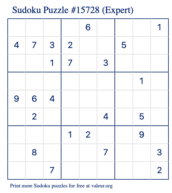 Free Printable Expert Sudoku Puzzle number 15728