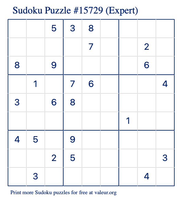 Free Printable Expert Sudoku Puzzle number 15729