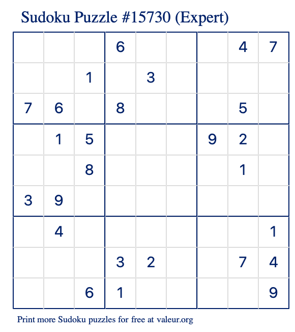 Free Printable Expert Sudoku Puzzle number 15730