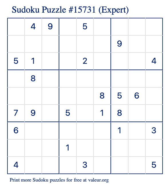 Free Printable Expert Sudoku Puzzle number 15731