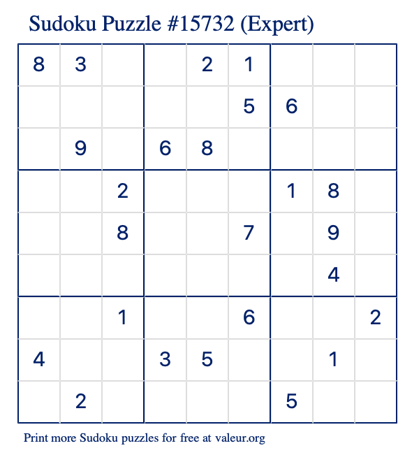 Free Printable Expert Sudoku Puzzle number 15732