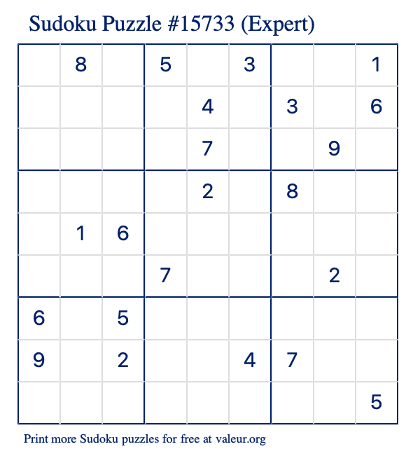 Free Printable Expert Sudoku Puzzle number 15733