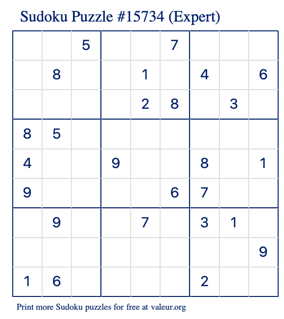 Free Printable Expert Sudoku Puzzle number 15734