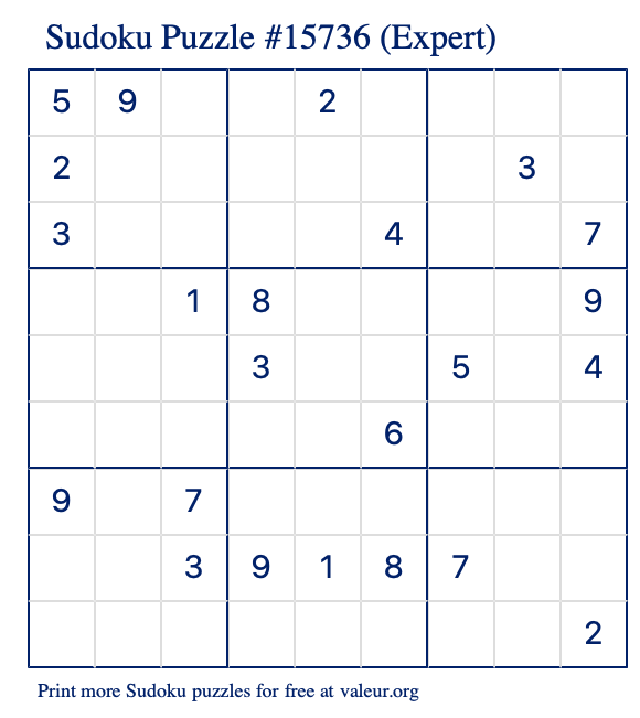 Free Printable Expert Sudoku Puzzle number 15736