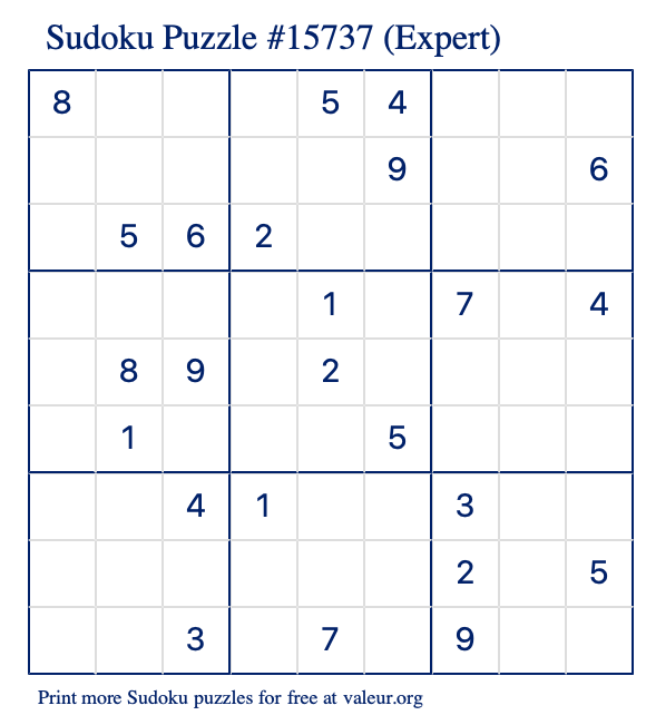 Free Printable Expert Sudoku Puzzle number 15737