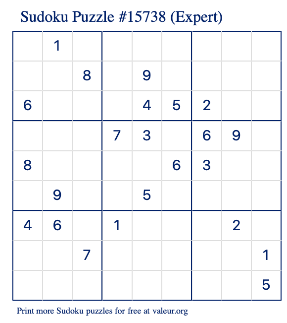 Free Printable Expert Sudoku Puzzle number 15738