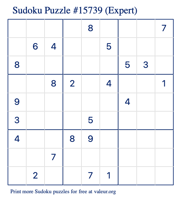 Free Printable Expert Sudoku Puzzle number 15739