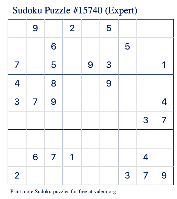 Free Printable Expert Sudoku Puzzle number 15740