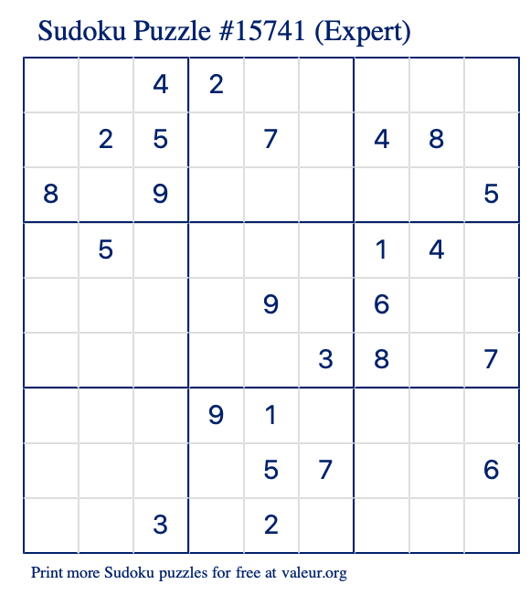 Free Printable Expert Sudoku Puzzle number 15741