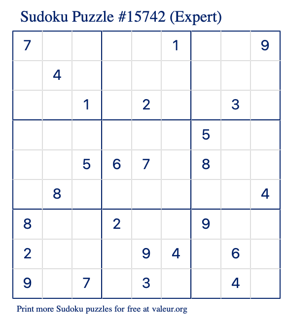 Free Printable Expert Sudoku Puzzle number 15742