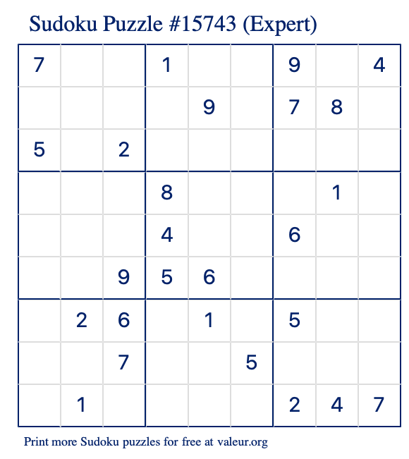 Free Printable Expert Sudoku Puzzle number 15743