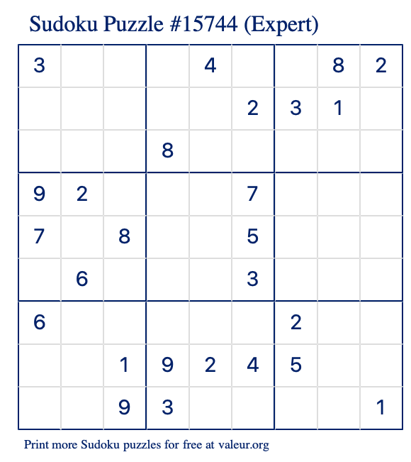 Free Printable Expert Sudoku Puzzle number 15744