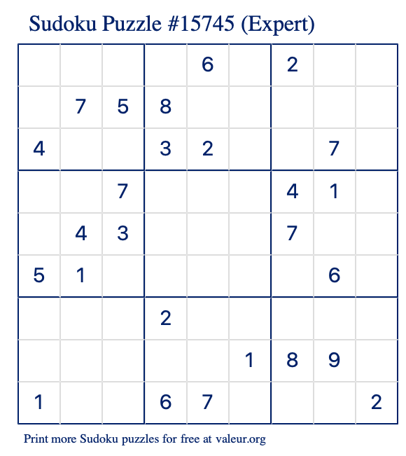 Free Printable Expert Sudoku Puzzle number 15745