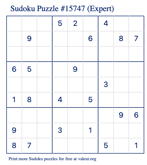 Free Printable Expert Sudoku Puzzle number 15747