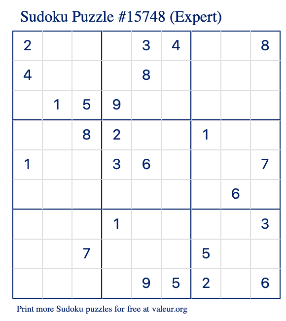 Free Printable Expert Sudoku Puzzle number 15748