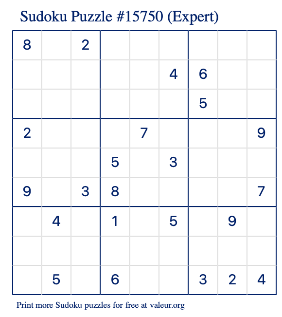 Free Printable Expert Sudoku Puzzle number 15750