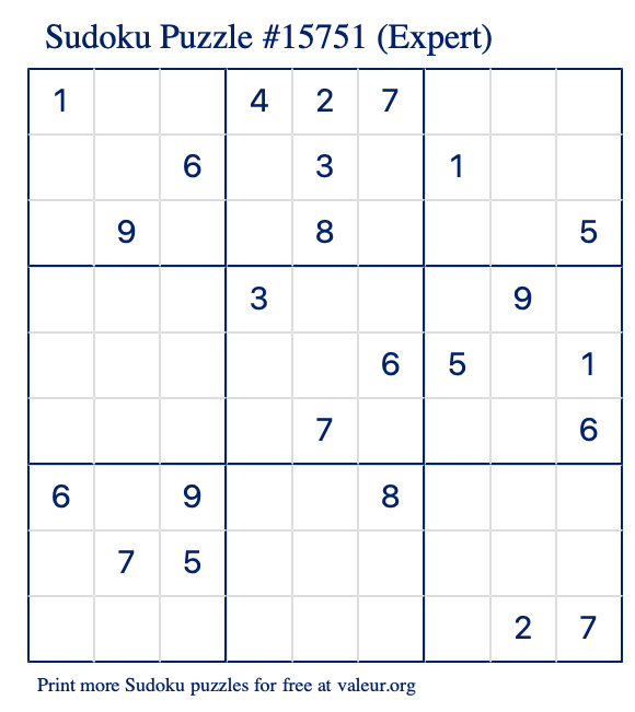 Free Printable Expert Sudoku Puzzle number 15751