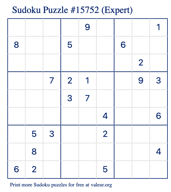 Free Printable Expert Sudoku Puzzle number 15752