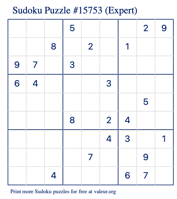 Free Printable Expert Sudoku Puzzle number 15753