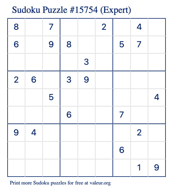 Free Printable Expert Sudoku Puzzle number 15754