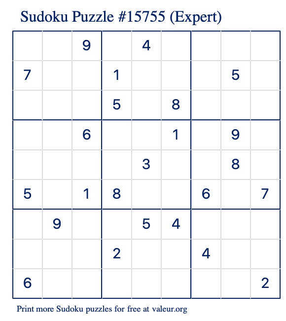 Free Printable Expert Sudoku Puzzle number 15755