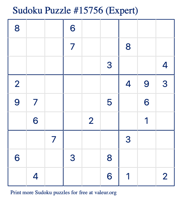 Free Printable Expert Sudoku Puzzle number 15756