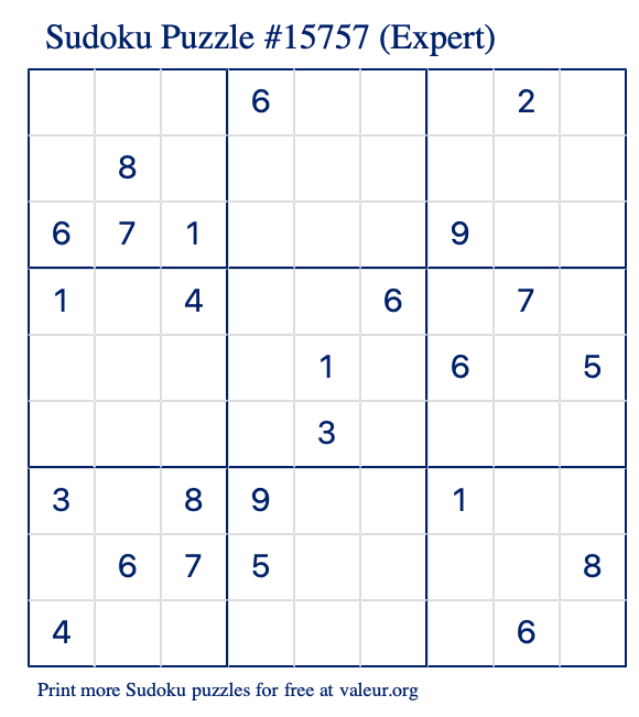 Free Printable Expert Sudoku Puzzle number 15757