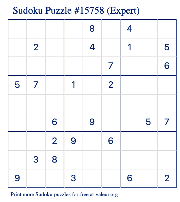 Free Printable Expert Sudoku Puzzle number 15758