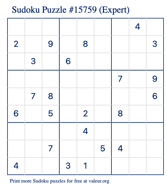 Free Printable Expert Sudoku Puzzle number 15759