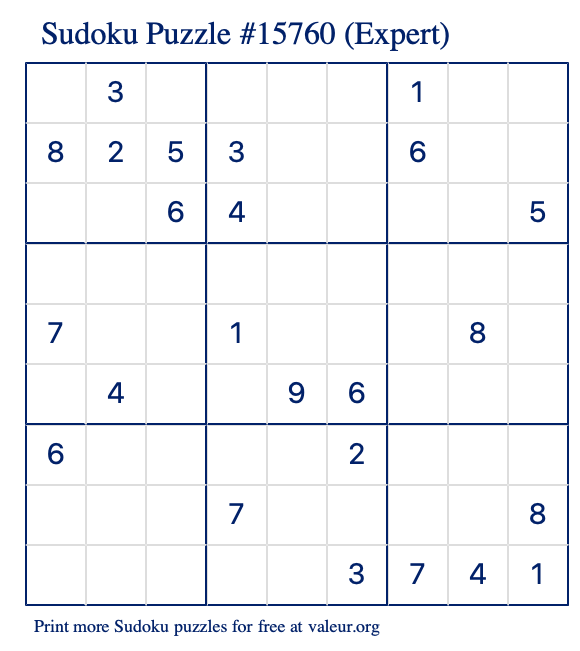 Free Printable Expert Sudoku Puzzle number 15760