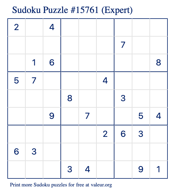 Free Printable Expert Sudoku Puzzle number 15761