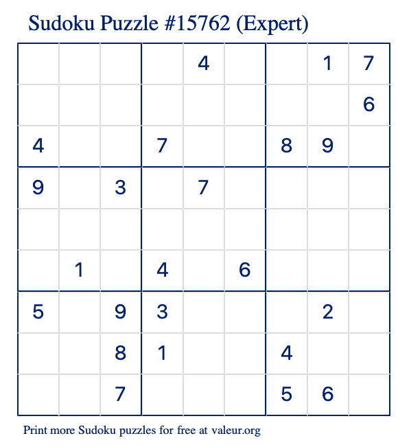 Free Printable Expert Sudoku Puzzle number 15762