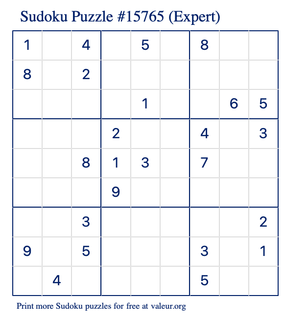 Free Printable Expert Sudoku Puzzle number 15765