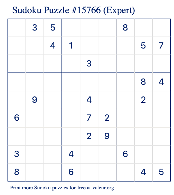 Free Printable Expert Sudoku Puzzle number 15766