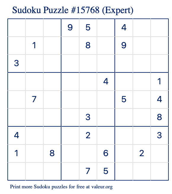 Free Printable Expert Sudoku Puzzle number 15768