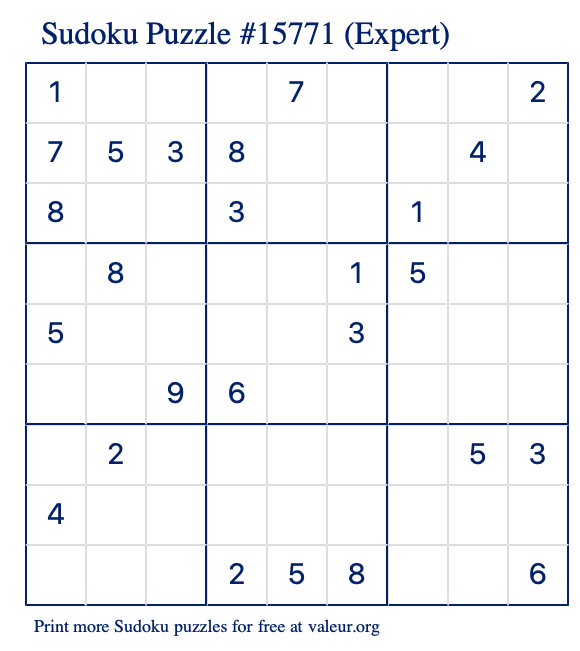 Free Printable Expert Sudoku Puzzle number 15771