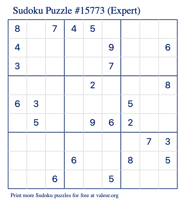 Free Printable Expert Sudoku Puzzle number 15773