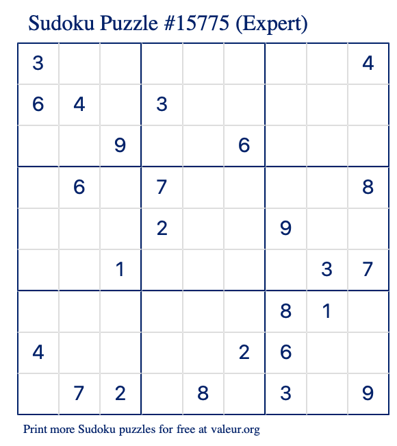 Free Printable Expert Sudoku Puzzle number 15775