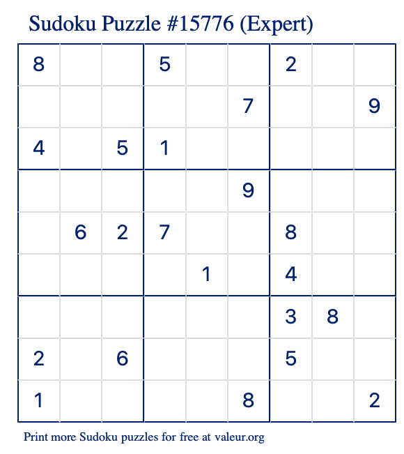 Free Printable Expert Sudoku Puzzle number 15776