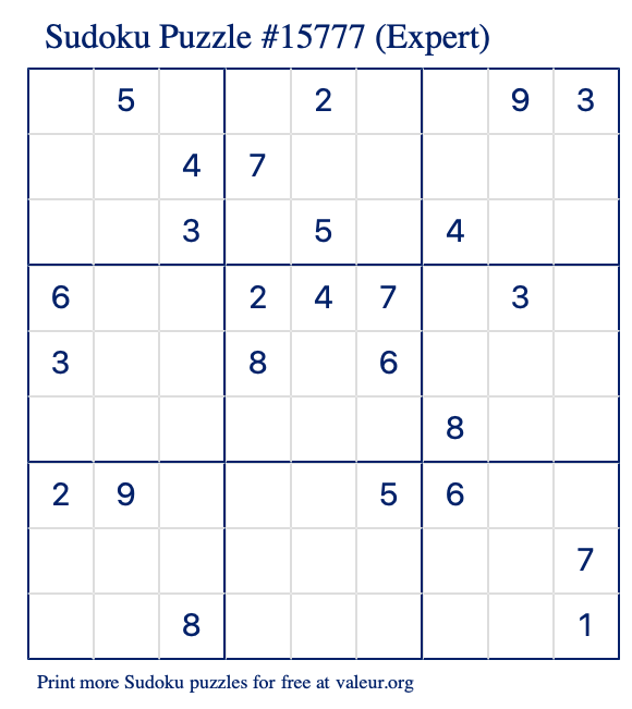 Free Printable Expert Sudoku Puzzle number 15777