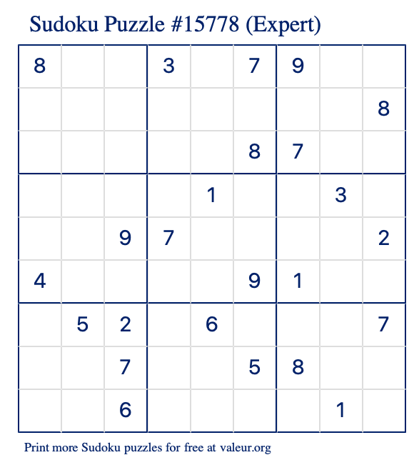 Free Printable Expert Sudoku Puzzle number 15778