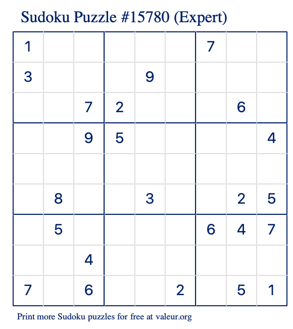 Free Printable Expert Sudoku Puzzle number 15780