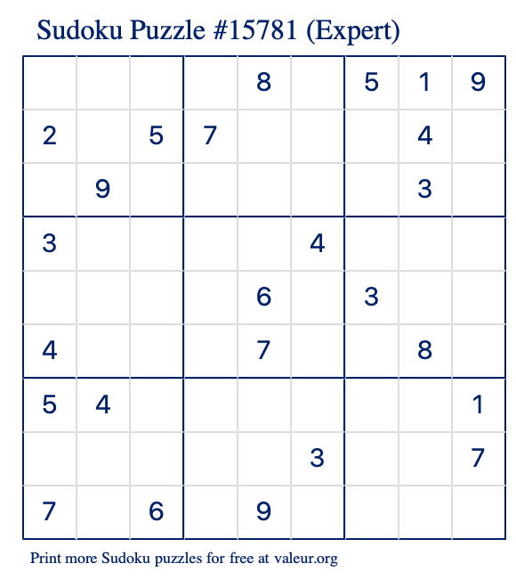 Free Printable Expert Sudoku Puzzle number 15781